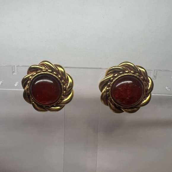 Ben-Amun Jewelry - 1980s Ben Amun Red Resin And Gold Toned Clip On Earrings